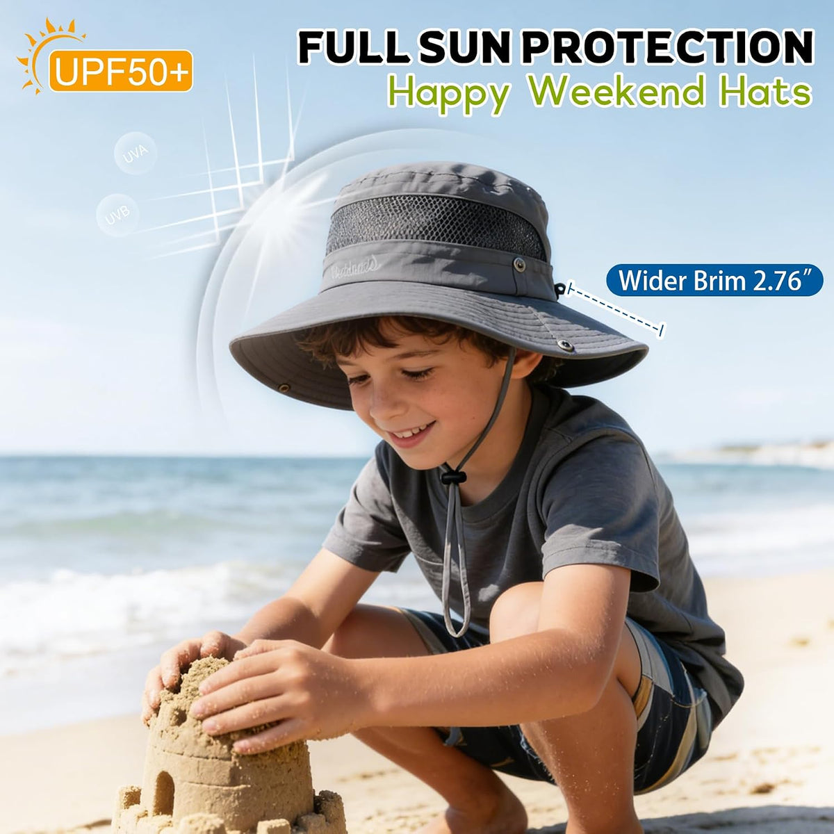Komorebi UPF 50+ Kids Sun Hat，Wide Brim Bucket Hats for Kids Beach Outdoor | Fits kids ages 5-13, Breathable mesh stay cool dry all day, Adjustable chin strap, Lightweight for beach, trip, fishing