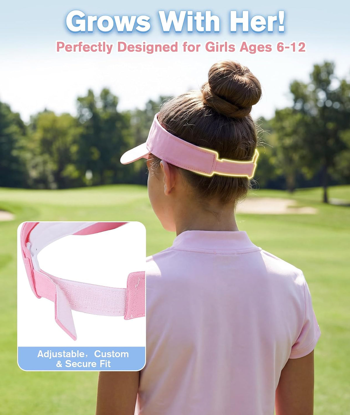 Komorebi Kids Visor Adjustable Cotton Girls Sun Hat for Golf Outfit,Tennis | Breathable & lightweight, easy to put on. UPF 50+ sun protection. Adjustable Velcro fits kids 6-12. Ideal for outdoor sports