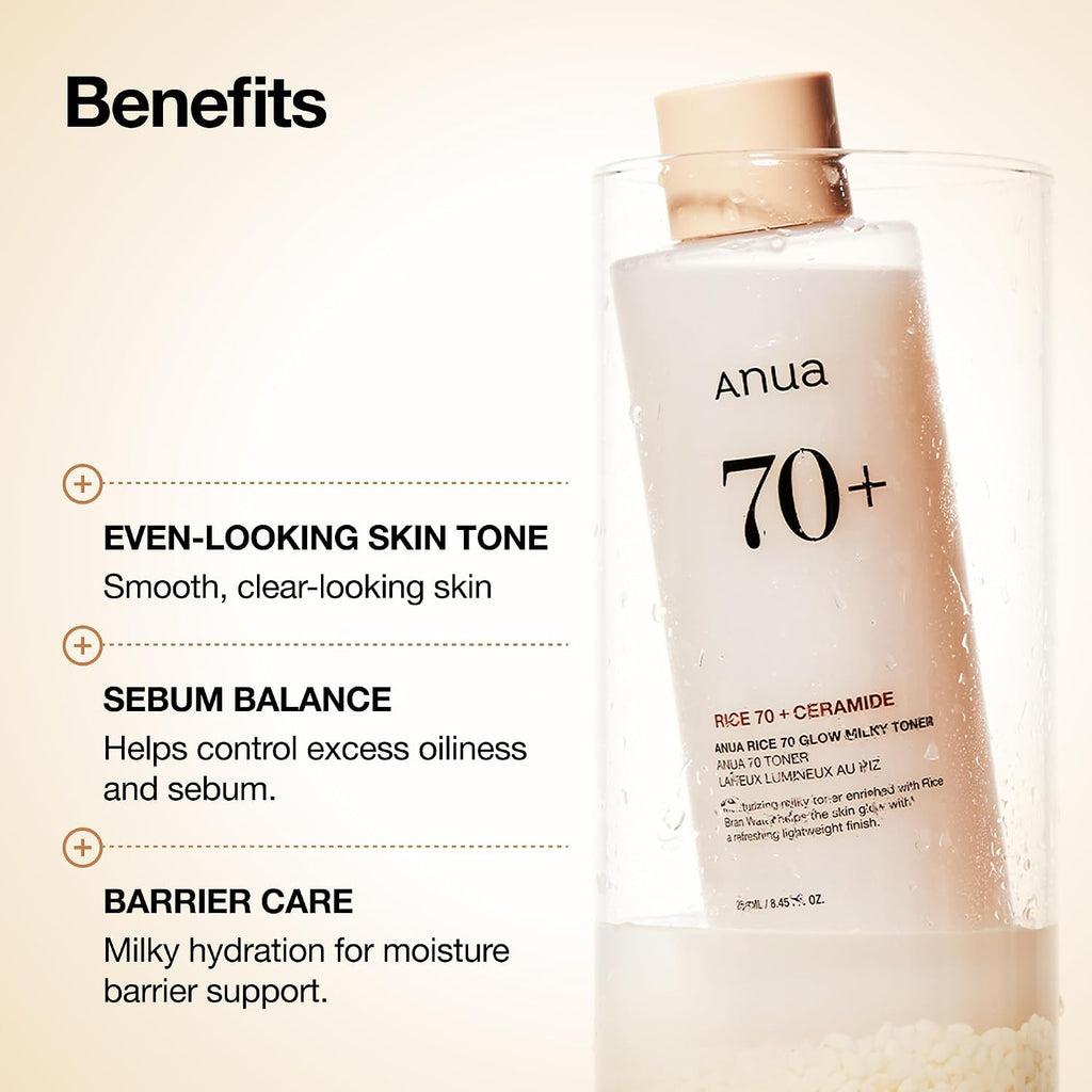 Anua Rice 70 Glow Milky Toner, Non Comedogenic, Korean Skincare, 8.45 fl.oz