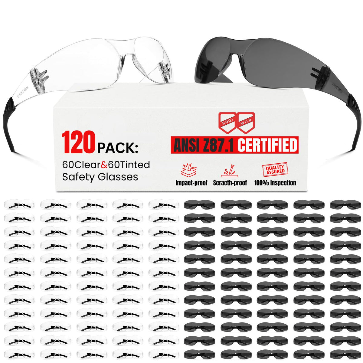 ANSI Z87.1 Clear Safety Glasses Bulk 120 pack, Safety Glasses for men and women, Scratch&Impact-Resistant Clear Protective Glasses for construction, lab, in-/outdoor work