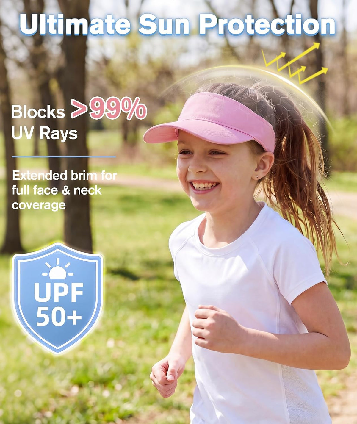 Komorebi Kids Visor Adjustable Cotton Girls Sun Hat for Golf Outfit,Tennis | Breathable & lightweight, easy to put on. UPF 50+ sun protection. Adjustable Velcro fits kids 6-12. Ideal for outdoor sports