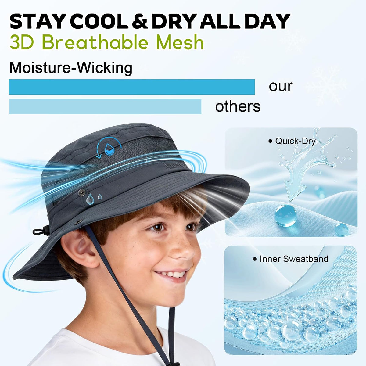Komorebi UPF 50+ Kids Sun Hat，Wide Brim Bucket Hats for Kids Beach Outdoor | Fits kids ages 5-13, Breathable mesh stay cool dry all day, Adjustable chin strap, Lightweight for beach, trip, fishing