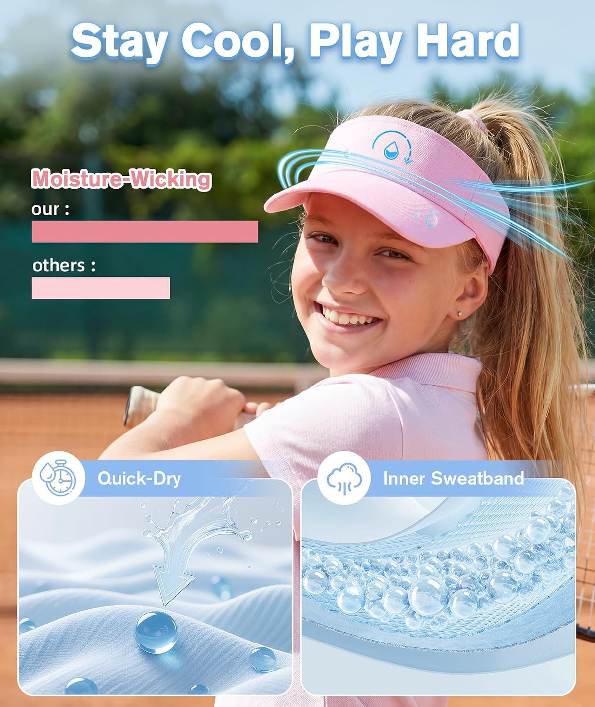 Komorebi Kids Visor Adjustable Cotton Girls Sun Hat for Golf Outfit,Tennis | Breathable & lightweight, easy to put on. UPF 50+ sun protection. Adjustable Velcro fits kids 6-12. Ideal for outdoor sports